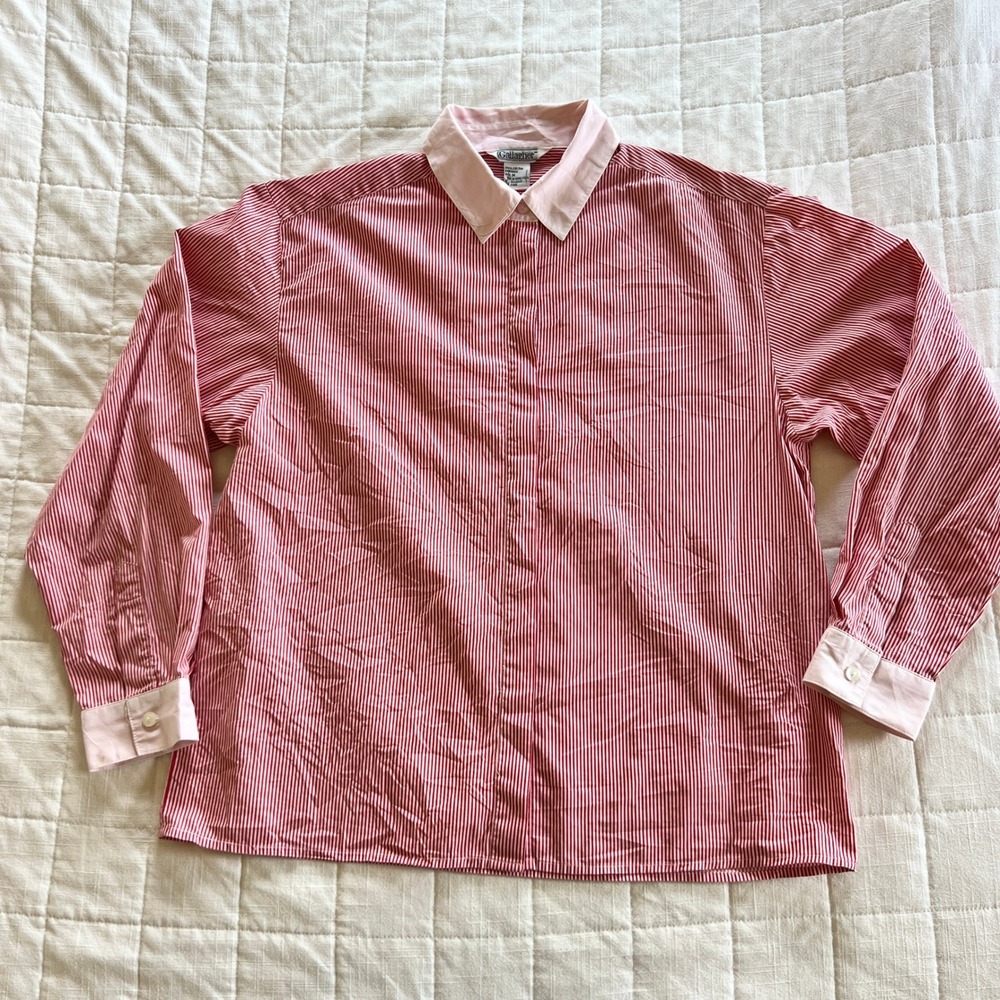 Gallagher Vintage Red White Striped Hidden Button Blouse Pink Collar Women M